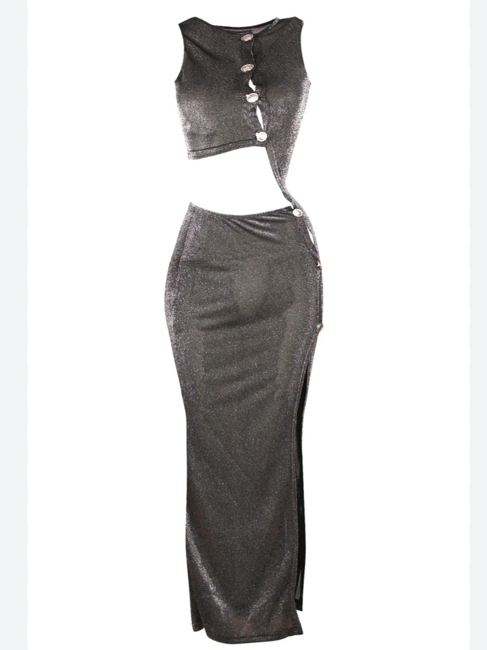 Metallic Black Cutout Maxi Dress with Button Detail